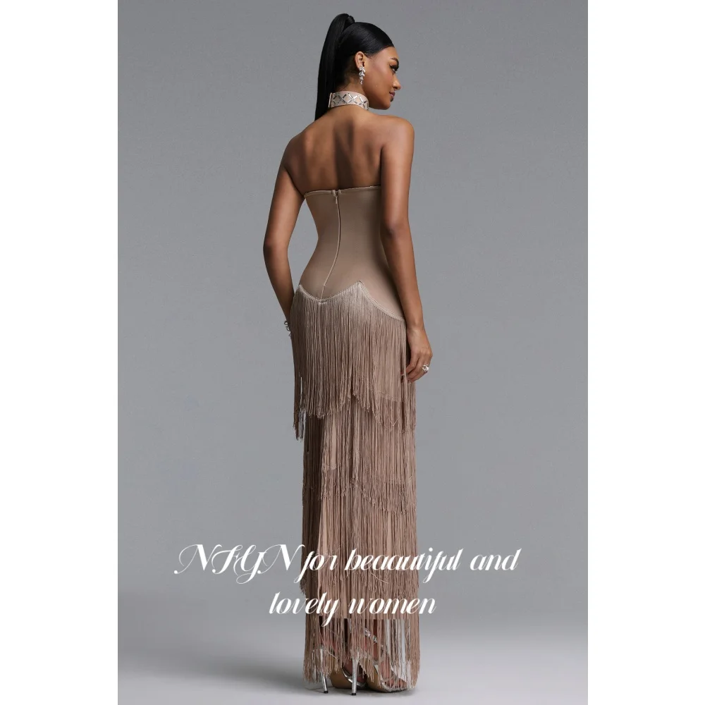 NFYN Nude Beige Prom Dress Silver Rhinestone Beaded Evening Dress With Multi-Layer Tassel Elegant Cocktail Party Gown Customized view 2