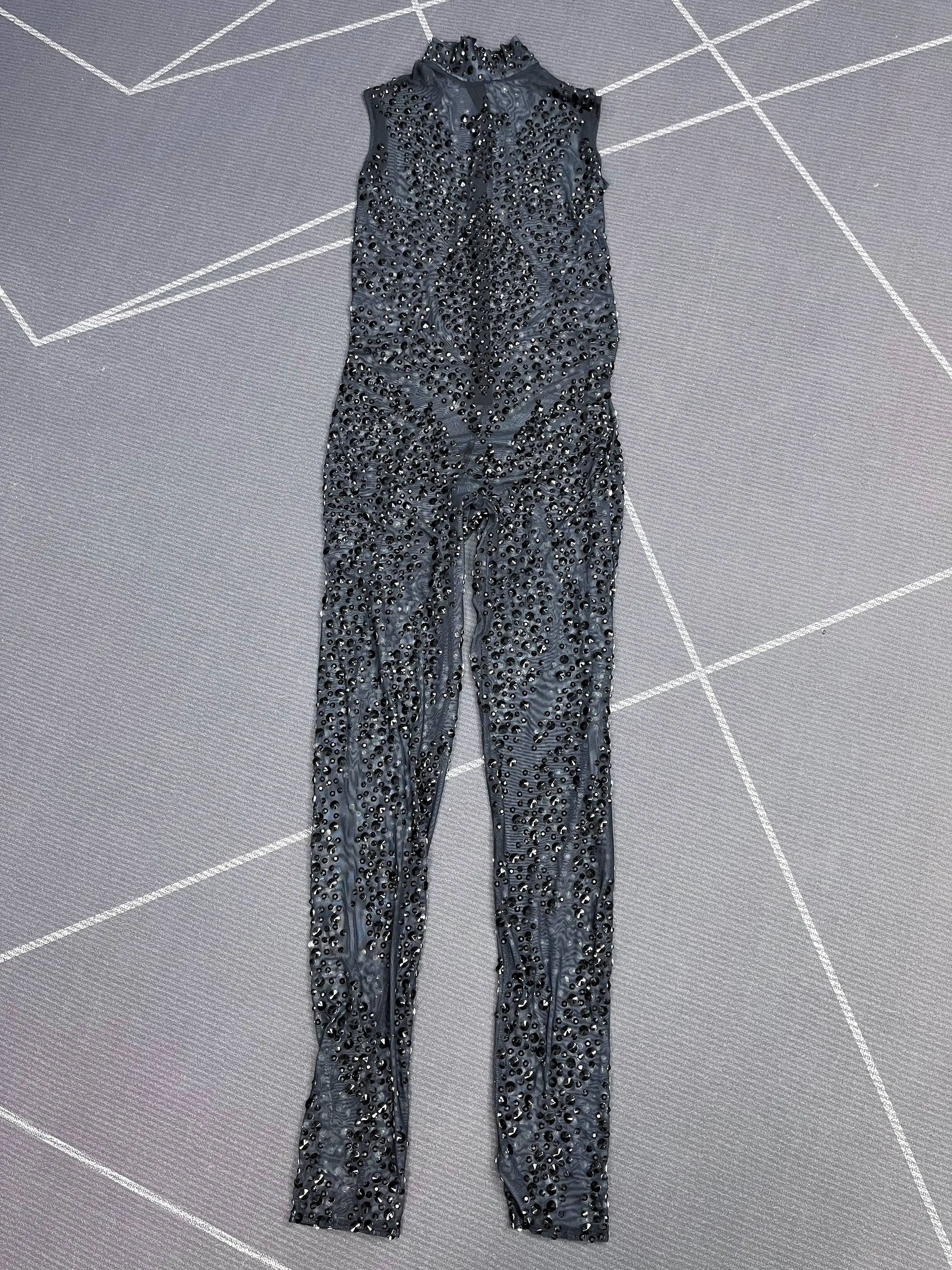 Body Sexy de malla transparente con diamantes de imitación brillantes para fiesta, celebración, Club, vestido, cantante, bailarina, actuación en el escenario, Quanhei