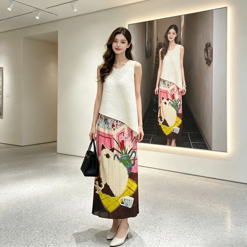 

Miyake Pleated 2026 New Fashion Casual White Sleeveless Vest Pleated Fashion Skirt Women's Summer Slimming Two-Piece Set Pleat