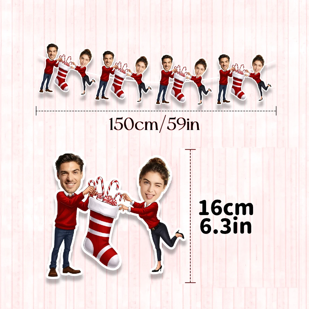 8/16/24PC Custom Photo Christmas Stocking Couple Garland, Personalized Portrait Bunting Flag, Xmas Party Home Hanging Decoration