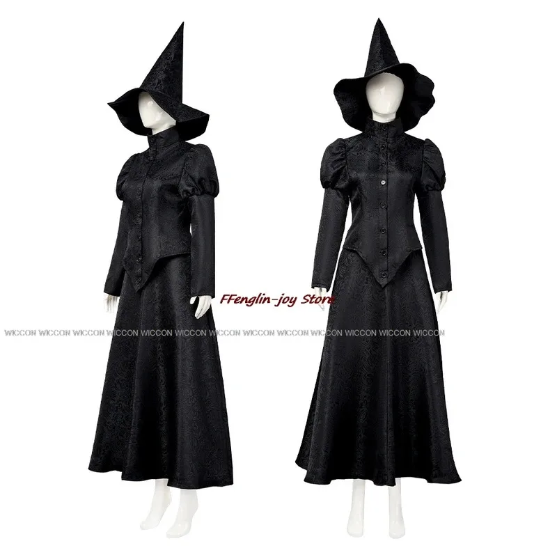 أزياء الساحرات التأثيرية الشريرة رداء الساحرة ملابس Elphaba فيلم قوطي حفلة لعب الأدوار أسود كل فستان رداء قبعة 2024 جديد