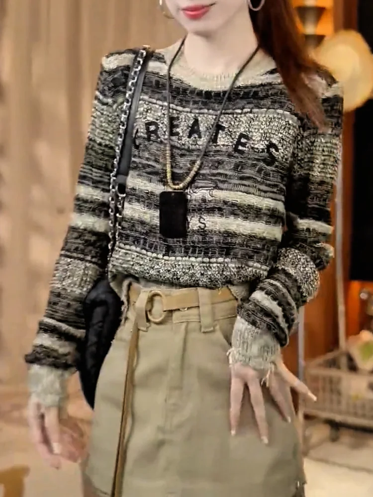 

French Sle Printed Knitwear Heavy Embroidery Lettering Women's Autumn Faion Slimming Top Quali Crtsmanip plus Size