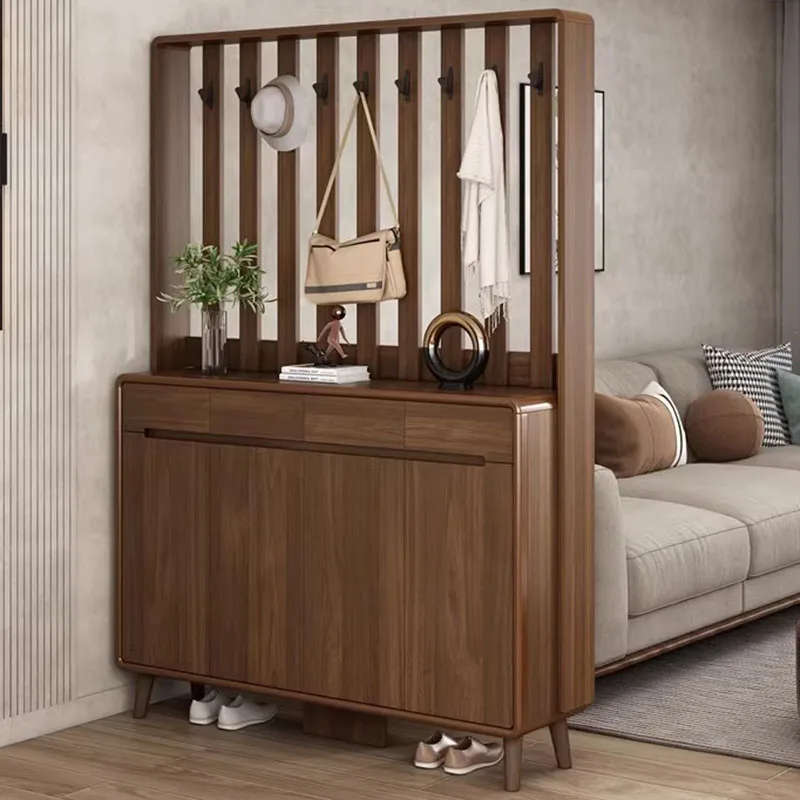 Chinese Style Solid Wood Combination Coat Rack Shoe Cabinet with Shelf Entryway Room Divider Storage Organizer Walnut Color