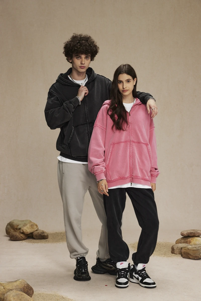 2024 Wash Distressed Hooded Sweatshirt mit Reiß verschluss Vinatge lose kantige Doppel reiß verschluss Hoodie y2k Herren Baumwolle Winterkleid ung – Detail 2