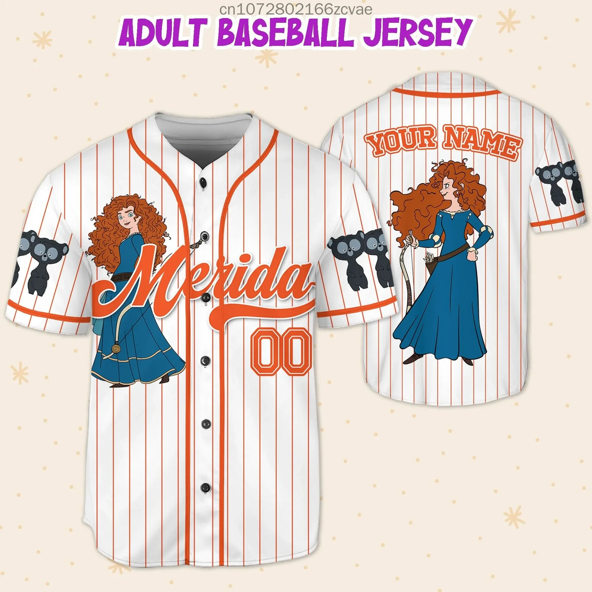 

2024 Disney Merida Princess Baseball Jersey Outdoor Sports Style Casual Jersey Men's and Women's Custom Name T-shirt