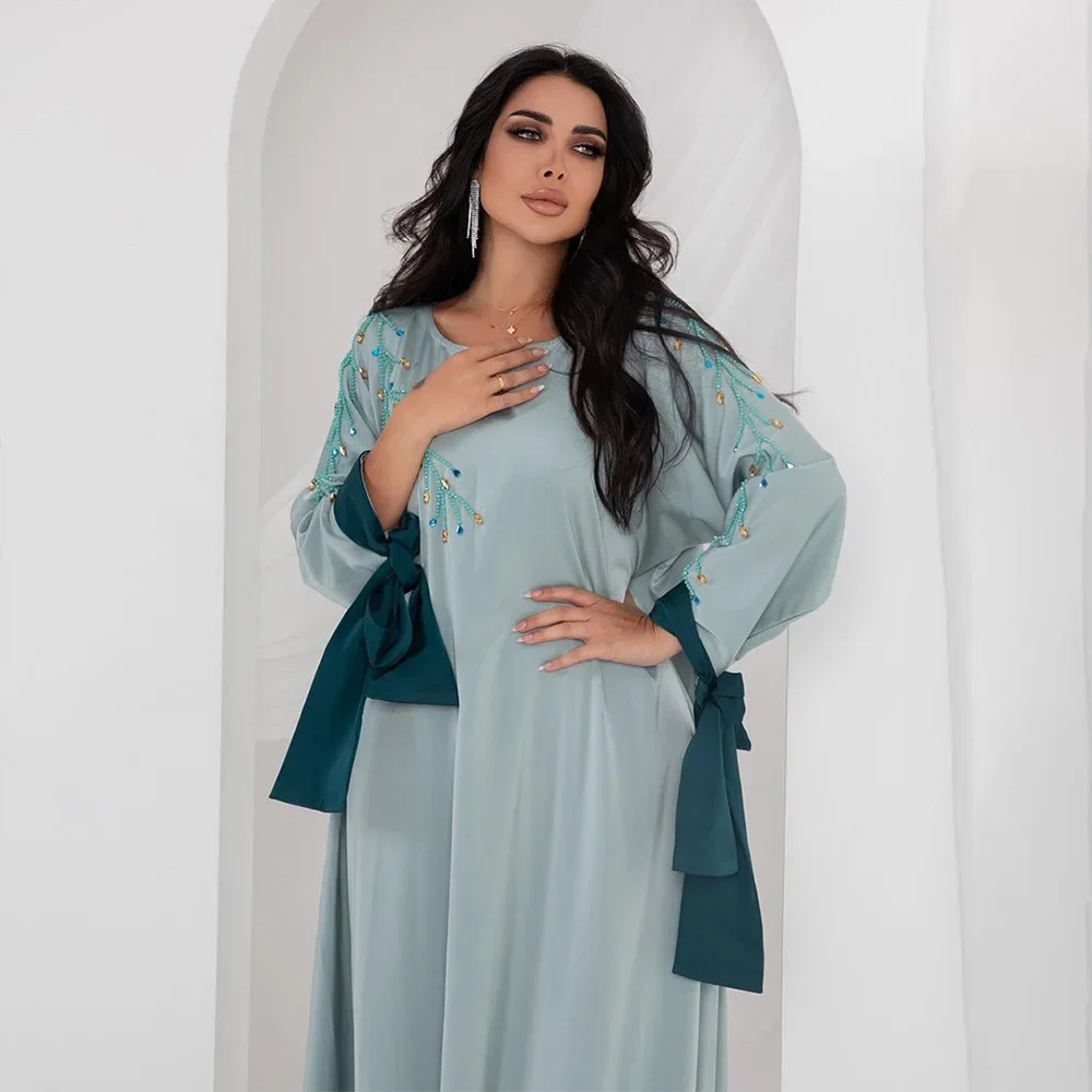 

Eid Ramadan Muslim Women Satin Abayas Bow Tie Sleeve Party Dress Islamic Djellaba Marocain Kaftan Dubai Turkey Evening Gown Robe