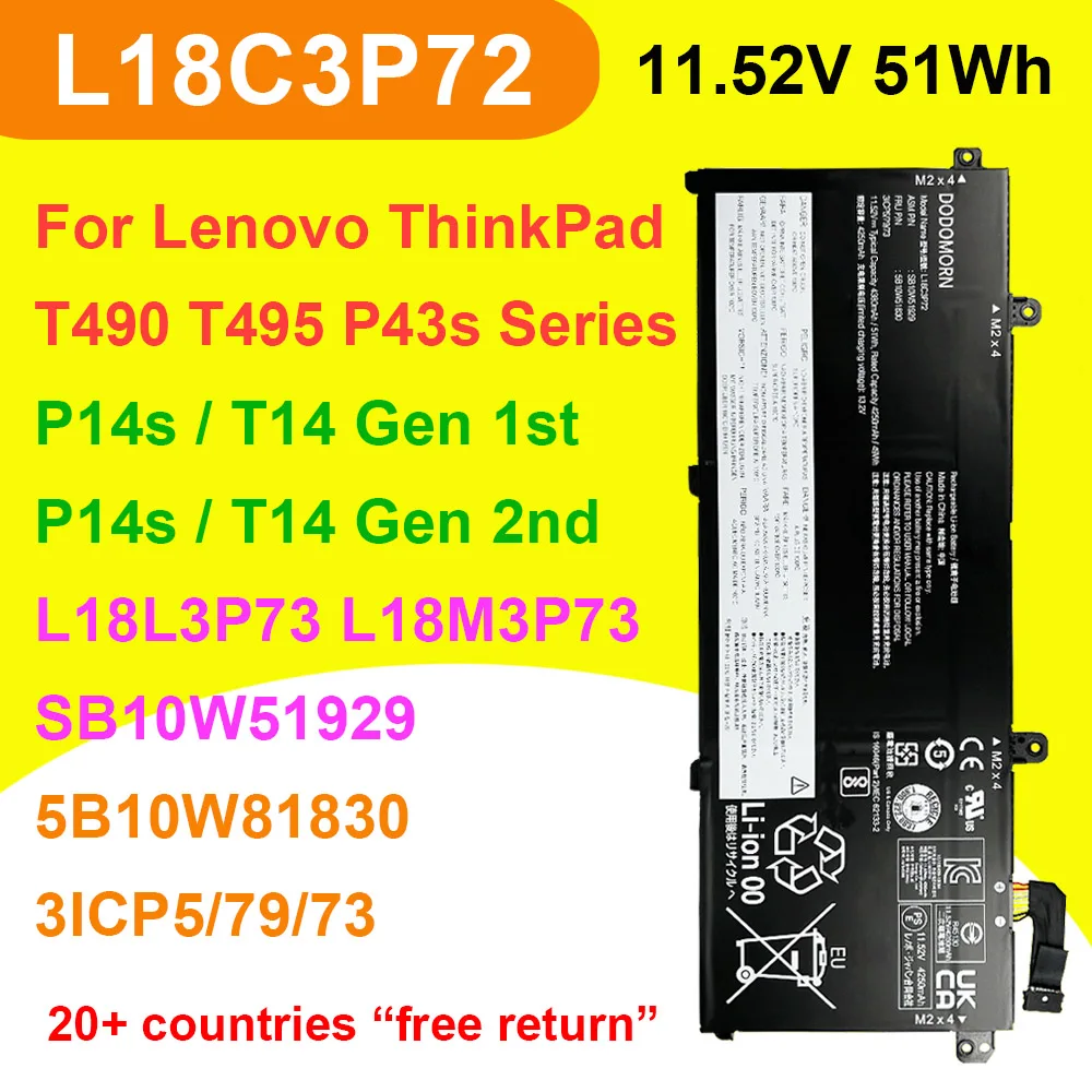 DODOMORN L18C3P72 For Lenovo ThinkPad T490 T495 P43s,P14s T14 Gen 1st 2nd Laptop Battery 11.52V 51Wh L18L3P73 L18M3P73 OEM