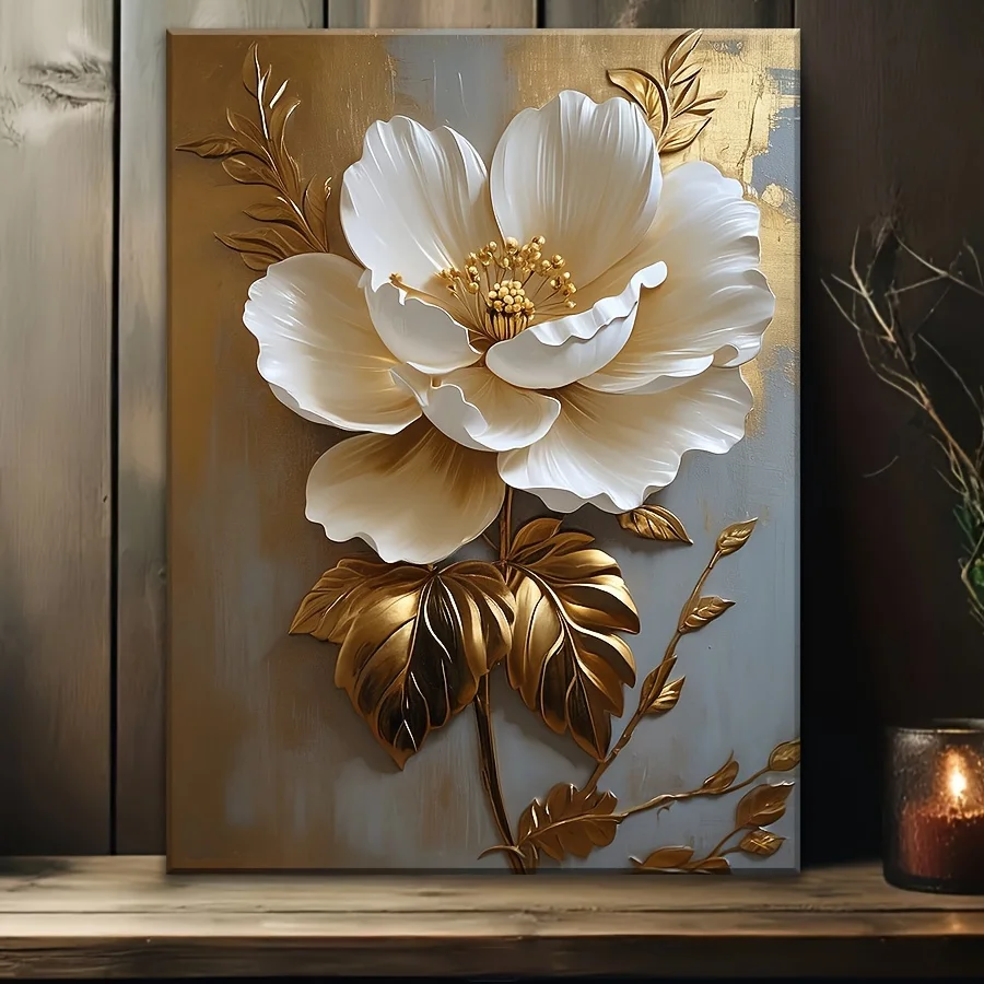 

1PC Elegant White Floral Canvas Art Vintage Gold Flower Wall Decoration Living Room Bedroom Office Room Decoration