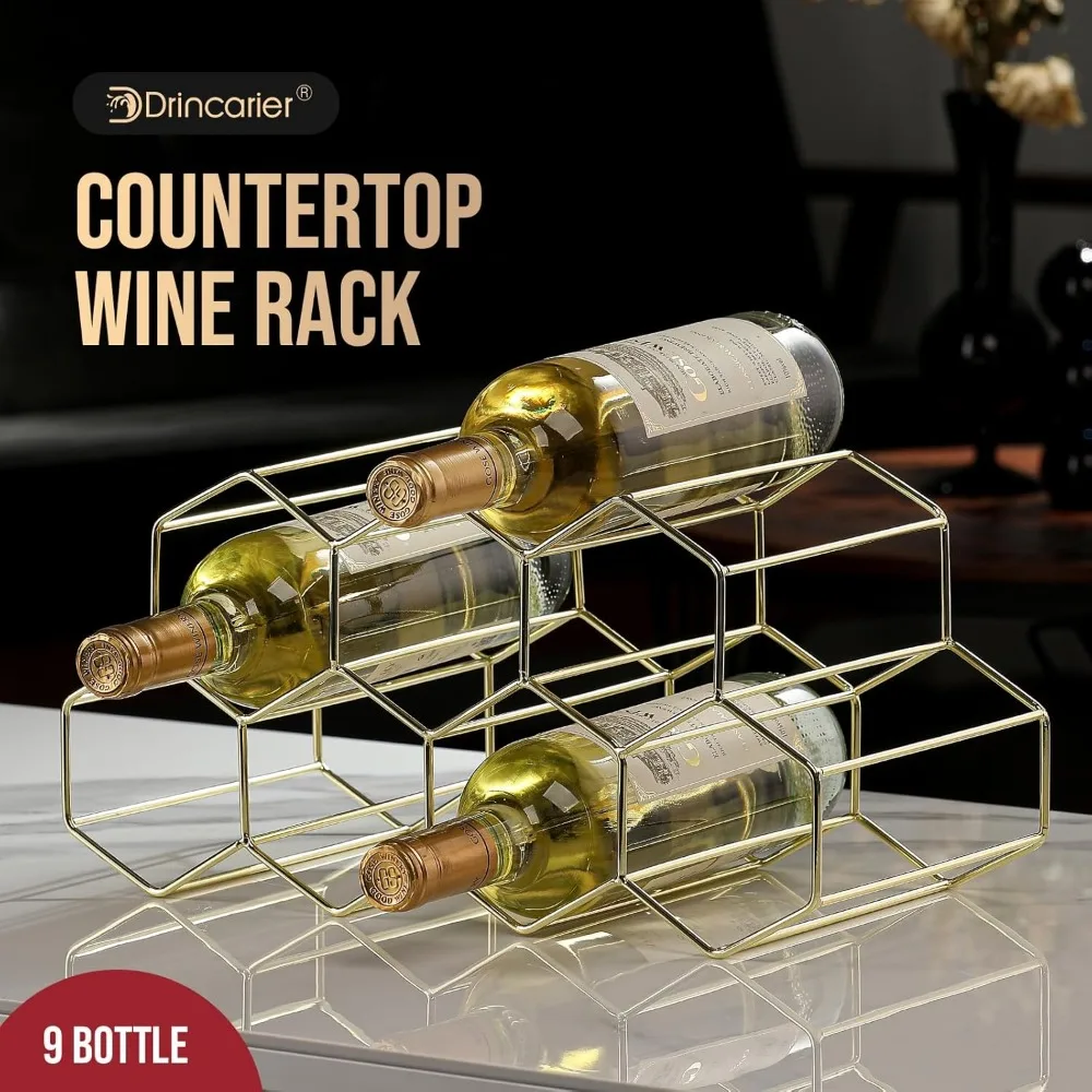 countertop wine rack - 9 bottle freestanding modern gold metal small - 2 tier tabletop wine holder stand for cabinet, pantry - w