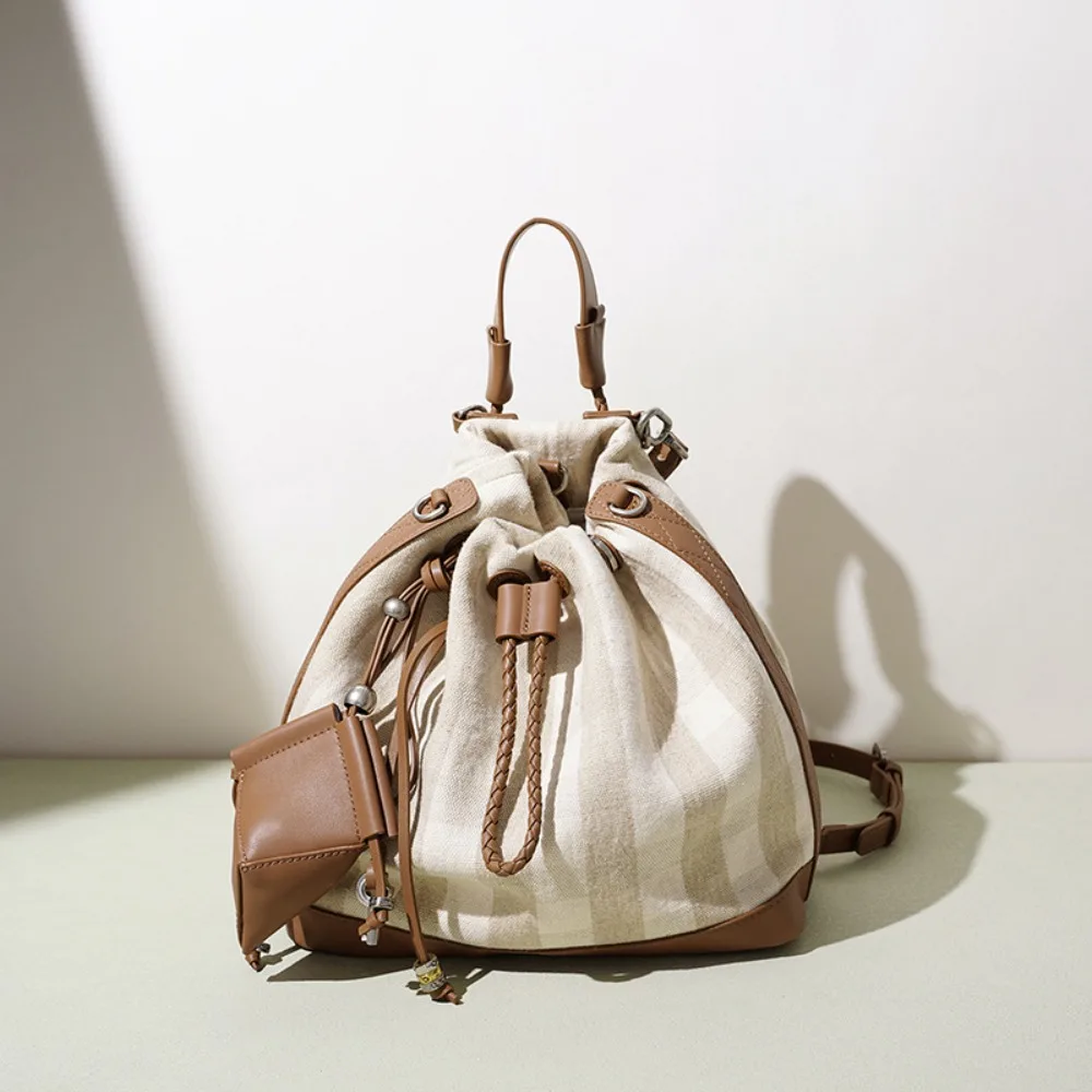 2026 New Niche Design Drawstring Backpack Linen with Leather Commuter Large Capacity Lightweight Travel Bag Texture  Fashion