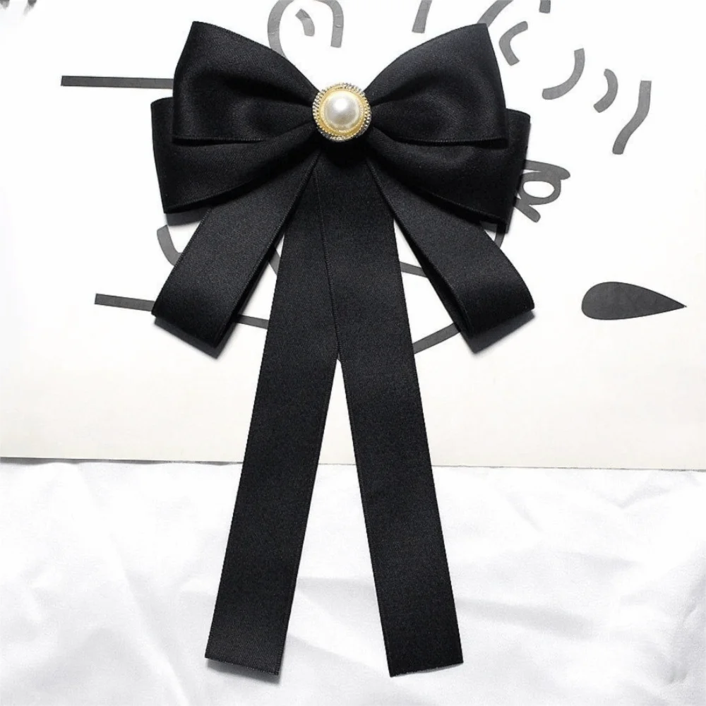 Elegant Rhinestones Black Ribbon Pin Pearl Beads Funerals Memorial Pin Love Heart Pin Black Bow Necktie Girl