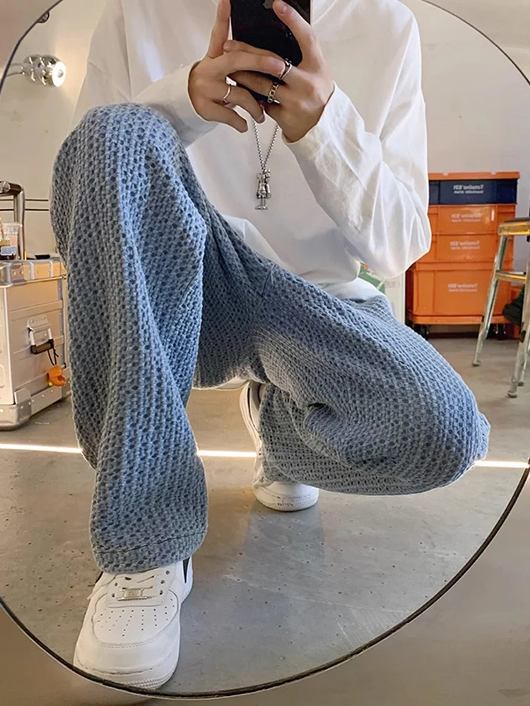 

Light Blue Men's Straight Leg Jeans Summer Thin High-End Wfle Pattern Hiphop Straight Long Trousers Trendy Loose Fit Jeans