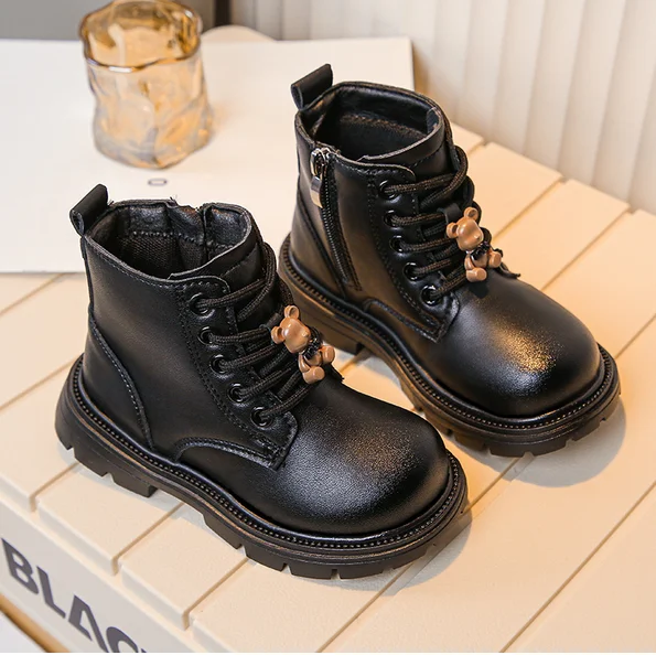 Children Fashion Boots Girls Leather Short Boots  Kids Ankle Boots with Bear Doll Anti-Slippery Spring Autumn 2024 New