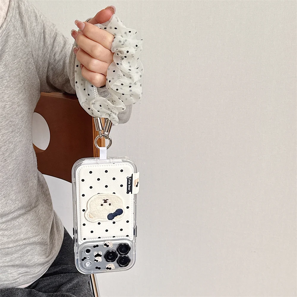 Kawaii Polka Dot Bear Card Pocket Case For iPhone 18 Pro Max 18 Pro 17 16 15 Plush Teddy With Mesh Wrist Strap Soft TPU Cover