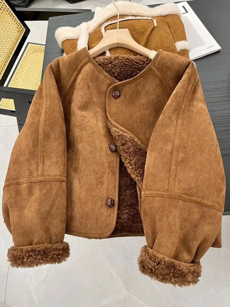 Women Jackets Coat Thick Warm Lamb Wool Sheepskin Faux Suede Jacket Fur One Piece Round Collar Single Breasted Winter Outerwear