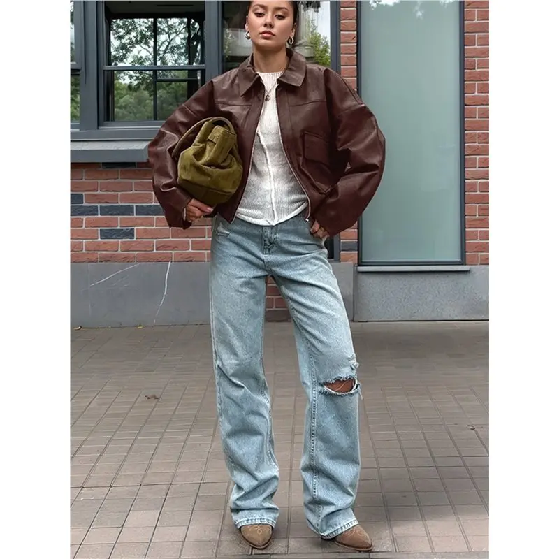 CYL-Chaqueta de motocicleta de piel sintética para mujer, chaquetas recortadas con cremallera y bolsillos a la moda, abrigo, prendas de vestir exteriores