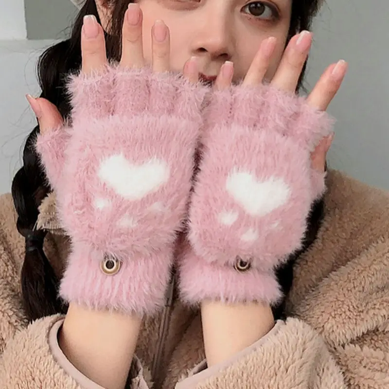 New Kawaii Women Warm Cat Gloves Fashion Girls Cat Claw Paw Plush Mittens Soft Plush Short Fingerless Half Finger Winter Gloves