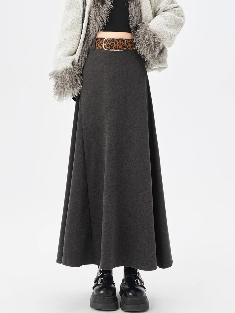 

High Waist ey Woolen Maxi Skirt Women's Autumn Winter Belted Casual Umbrella Skirt Long Straight Cut Commute Sle A-Line S...