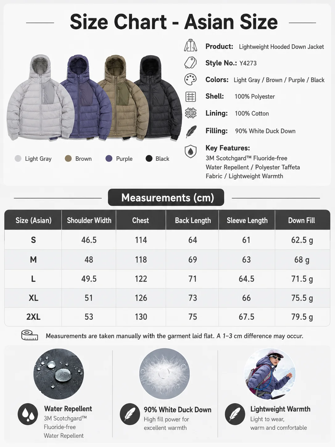 Unisex Camping Hooded 90% White Duck Down Jacket with 3M Fluorine-Free Water-Repellent, Lightweight for Outdoor & Casual Wear