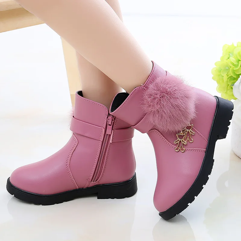 New Winter Girls Boots Real Fur Ball PU Leather Kids Snow Boots Warm Plush Sneakers Children Shoes