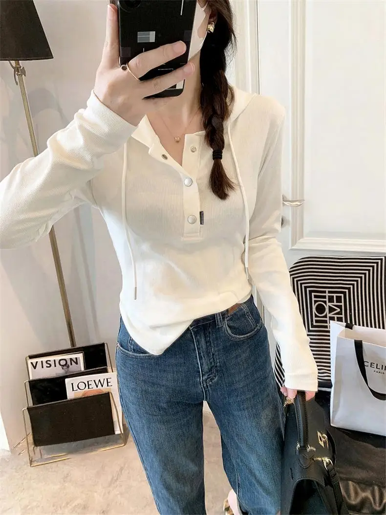 

Korean Sle Hooded Slim Fit Long Sve T-irt Women's ort Sle f Open Collar Top Trendy Sweatirt Spring Autumn