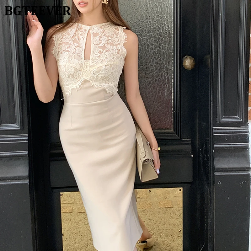 BGTEEVER Sukienka damska w stylu vintage z dekoltem w serek, ażurowa, patchworkowa, koronkowa, podkreślająca biodra, letnia, wyszczuplająca w talii, bez rękawów, obcisła.