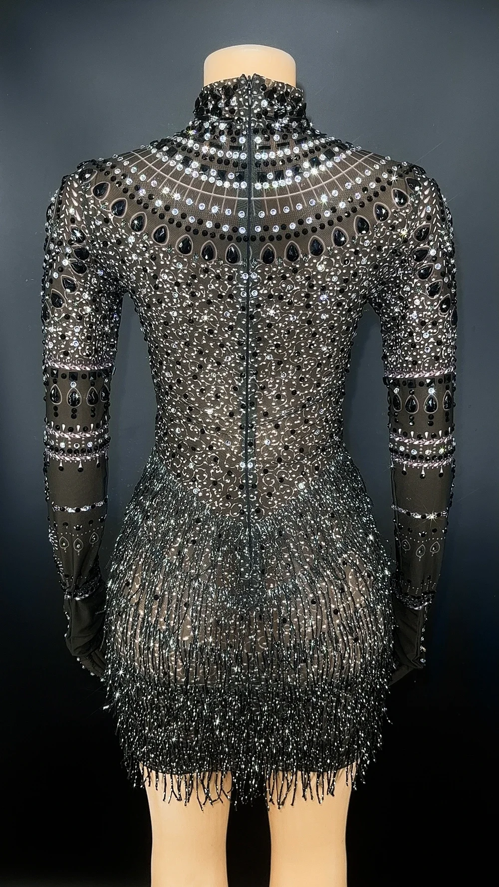 반짝 이는 라인 석 프린지 짧은 드레스 장갑 섹시한 저녁 댄스 파티 생일 드레스 축하 공연 댄스 의상 무대 착용