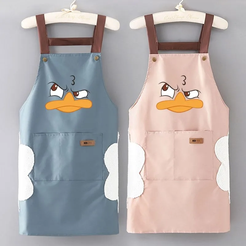 Cartoon Waterproof Apron with Pocket Restaurant Cooking Apron Kitchen Household Cleaning Apron Duck Pattern Working Uniform Tool