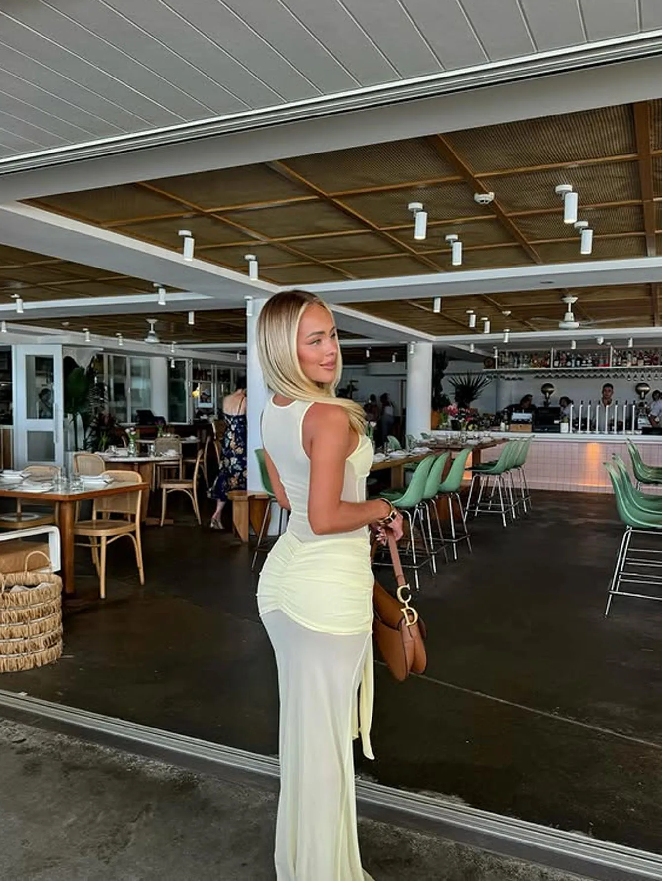 فستان نسائي طويل شبكي شفاف أصفر شاحب مع خصر ملتوي من الأمام وربطة عنق ذاتي، العودة إلى المدرسة، فساتين الخريف للنساء