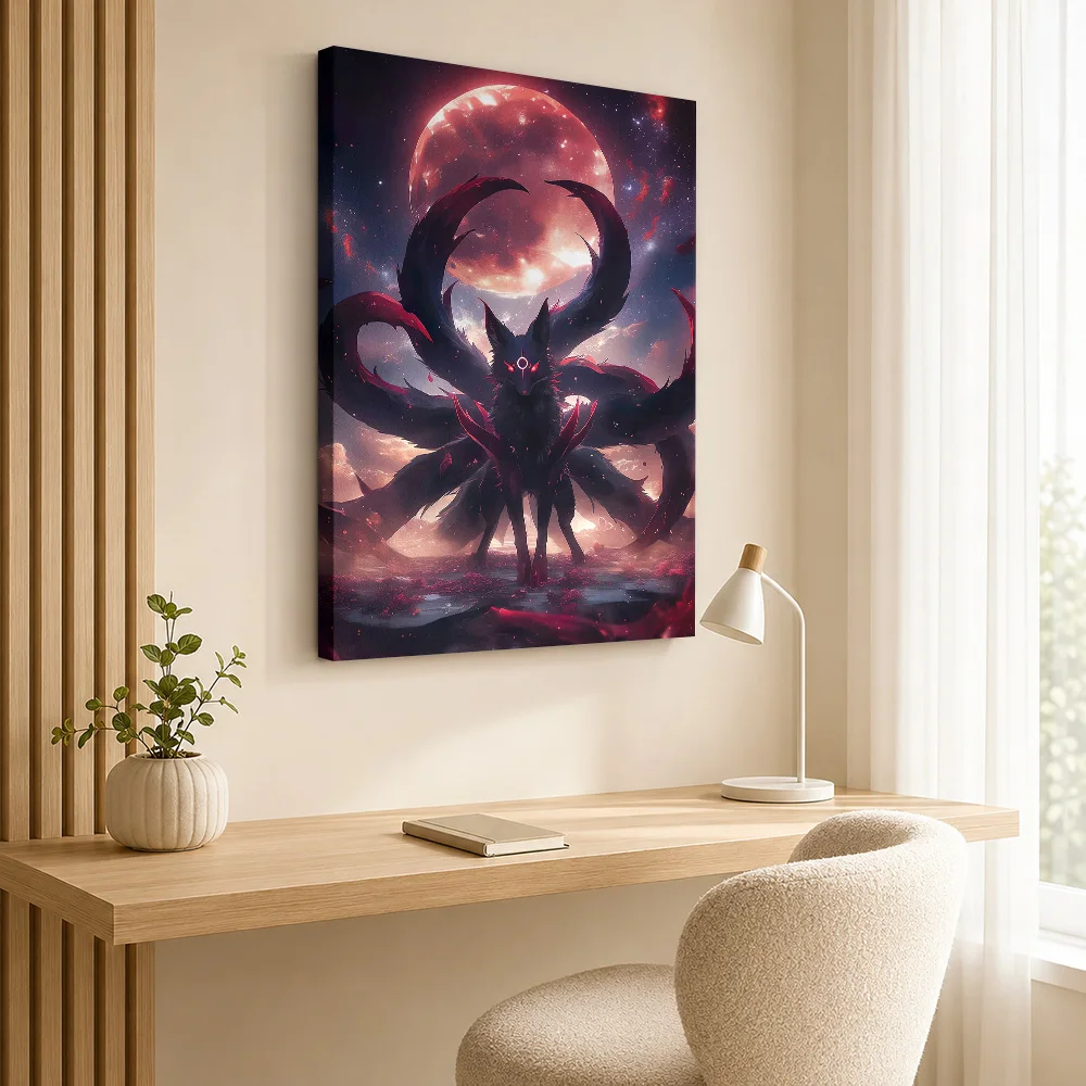 Kitsune in Bloodmoon Canvas Poster Customized Photo Japanese Inspired Wall Paintings Decoration for Office Gift for Collectors