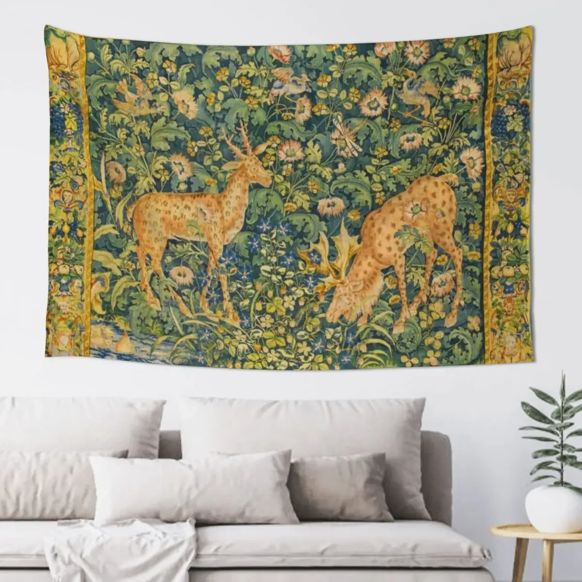 

FALLOW DEER PAIR,GOTHIC FANTASY FLOWERS,Green Yellow Floral Tapestry Room Decorations Aesthetic Room Decor Korean Tapestry