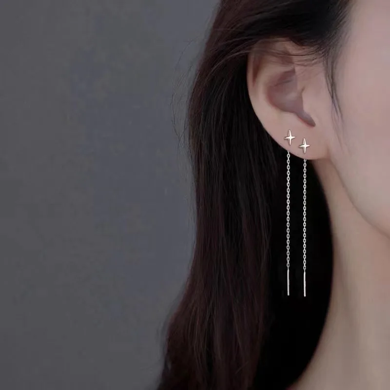 Simple Style Long Chain Tassel Drop Earrings For Women Flash Star Cross Thin Piercing Earring Line Female Dangle Ear Accessories