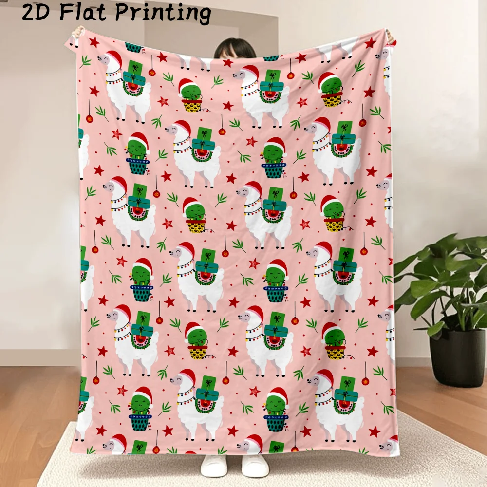 1PC 2D Flat Print Alpaca Christmas Flannel Blanket, Super Soft — Holiday Decoration, Christmas Decorations, Cozy Home and Gift G