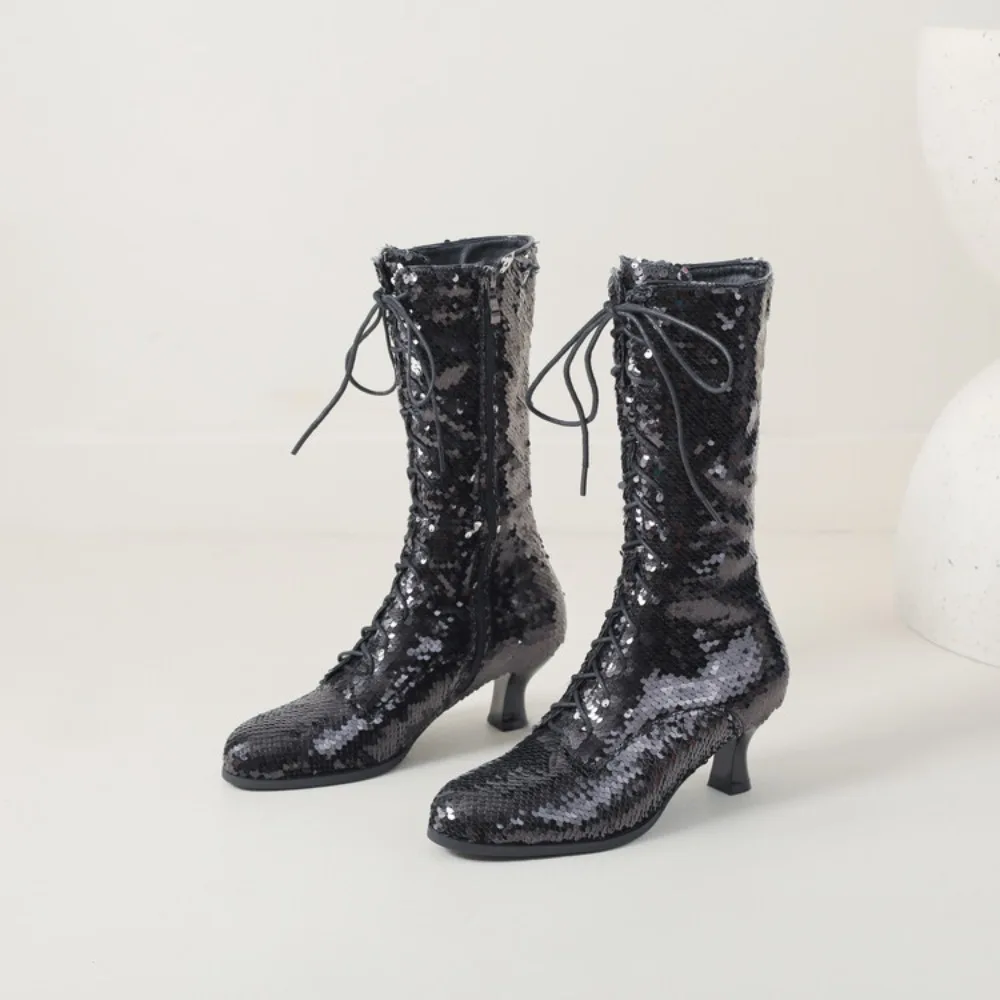 Blingbling Knight Boots 6CM Thin Heels Women Mid-calf Boots Luxury Gold Sequin Botas Mujer Big Size 35-43 Women Sexy Party Shoes