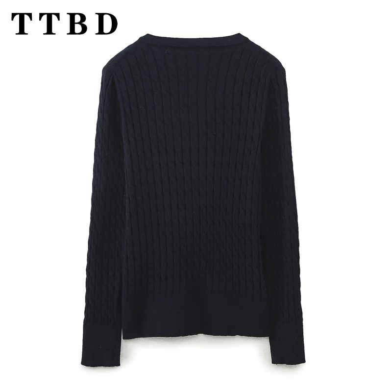 TTBD 2024 Neue Herbst Winter frauen Strukturierte V-ausschnitt Strickwaren damen chic Langarm Slim-Fit Jumper Mode Pullover top