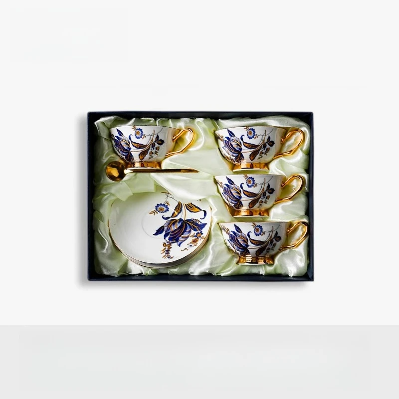 English Style Coffee Cup and Dish Gift Box Set for Home Use, Bone China Light Luxury Design, High-end Gift Selection