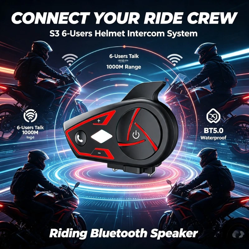 Waterproof Helmet Audio Intercom, Houtonsen S3 For Outdoor Cruising Long‑range Multi‑user Conversation Gear