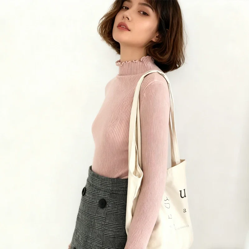 

Модный приталенный высокоэластичный свитер, осенняя водолазка, свитер со рюшами, элегантные однотонные вязаные пуловеры, повседневный базовый слой 6785