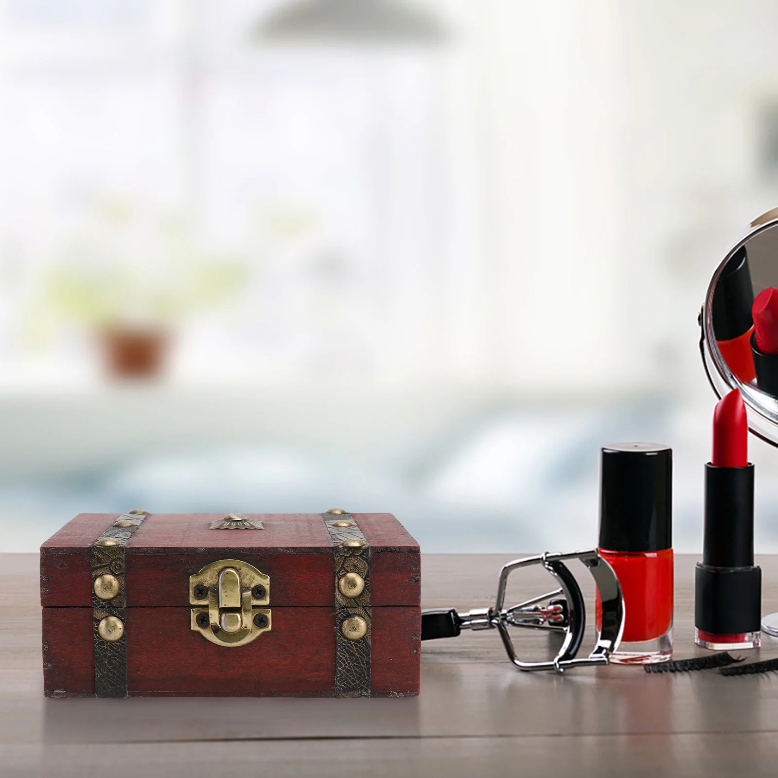 صندوق تخزين المجوهرات الخشبية العتيقة نمط الزهرة الذهبية الجبهة مشبك معدني قفل المنظم الحال بالنسبة لخواتم الأقراط ديكور