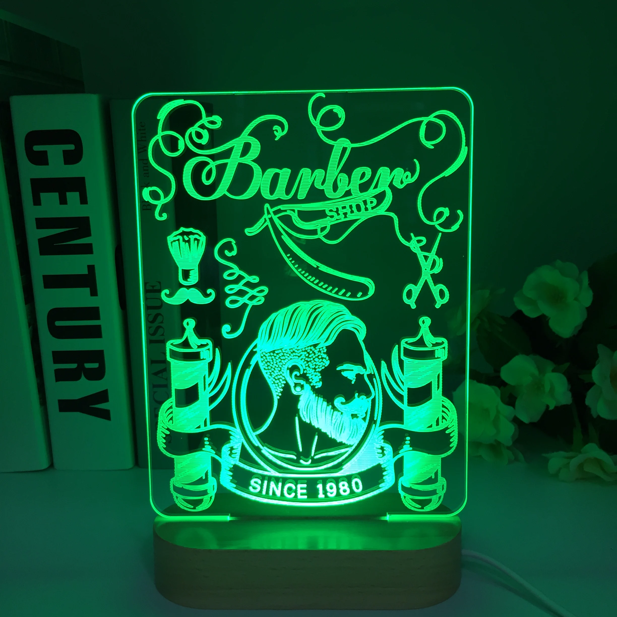 

Barber Skull 3D Optical illusion Light Hipster Skeleton Barber Shop Shave Wood LED Night Light Mustache Skull Table Visual Lamp