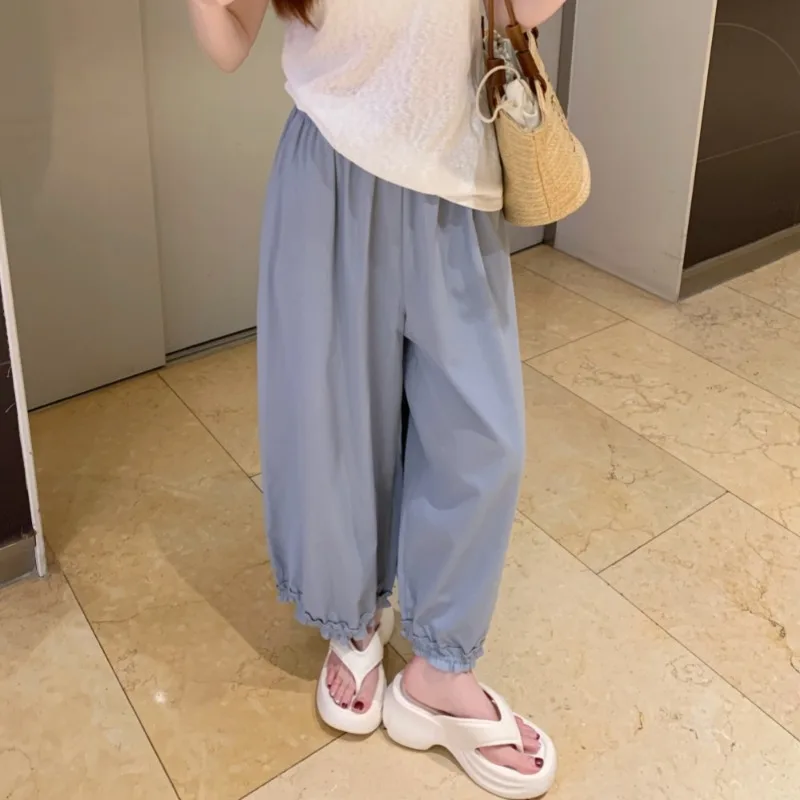 High Waist Wide Leg Pants Women's Summer Simple Quick-drying Bloomers Pants Elastic Waist Nine Points Lace Straight Trousers