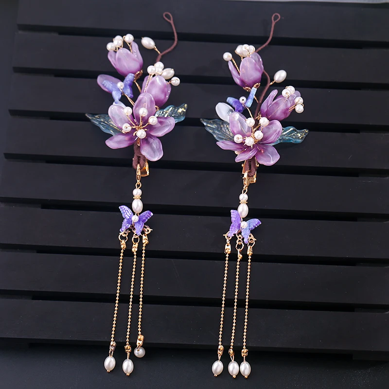 Chinese Glazed Flower Hairpin Purple Floral Hair Comb Fairy Tassel Tiaras Vintage Wedding Accessories Classic Hanfu Hair Jewelry