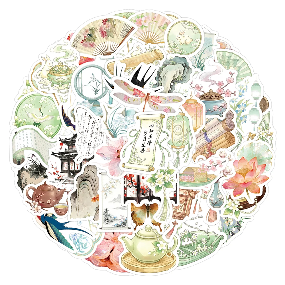 10/30/80pcs Watercolor Chinese Style Element Cartoon Stickers Waterproof Decorative Notebook Stationery Laptop
