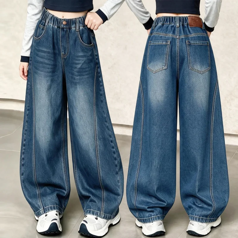 Girls Wide Leg Jeans, Stitched Panel Loose Trousers, Elastic Waist Vintage Washed Denim Pants, Spring Autumn Teen Streetwear Pa