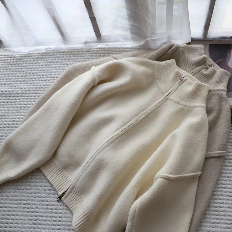 

Stand-up Collar Double Zipper Knitted Cardigan Women's 2025 Autumn and Winter New Loose and Solid Color Premium Sweater Jacket