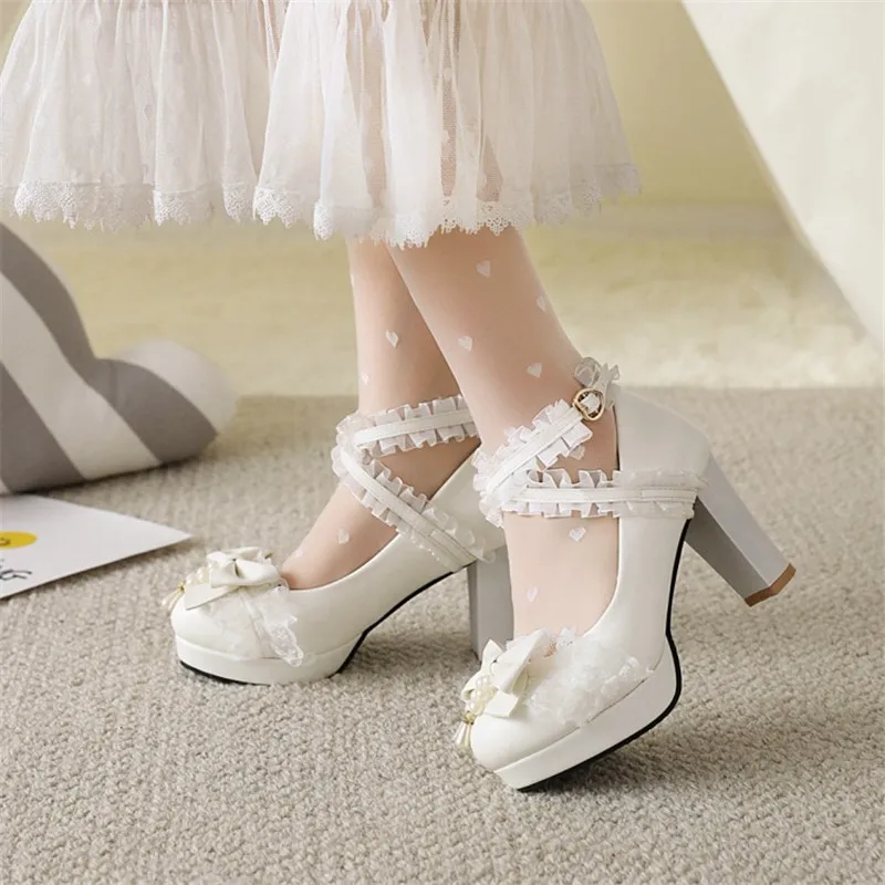 Princess Lolita Mary Jane Girls Shoes Woman High Heels Ruffles Bowtie Ladies Platform Fashion Heel Pumps Party Shoes Size 28-43