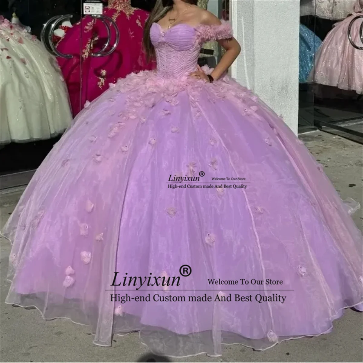 Elegant Shiny Princess Lilac Quinceanera Dress Ball Gown Off The Shoulder Flowers Corset Sweet 16 Party Prom Wear Vestidos De XV