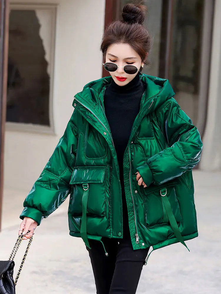 glossy Down Cotton Jacket Thick Warm Hooded Puffer Jacket Women Long Sleeve Parka Oversized Korean Coat Black Red Green Blue