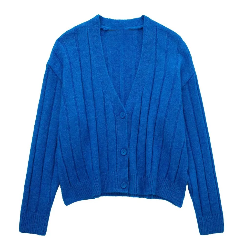 

TRAF Women 2024 Winter New Fashion Lazy Style Rib Knitted Cardigan Chic V-Neck Button All-Match Long Sleeve Jacket Mujer