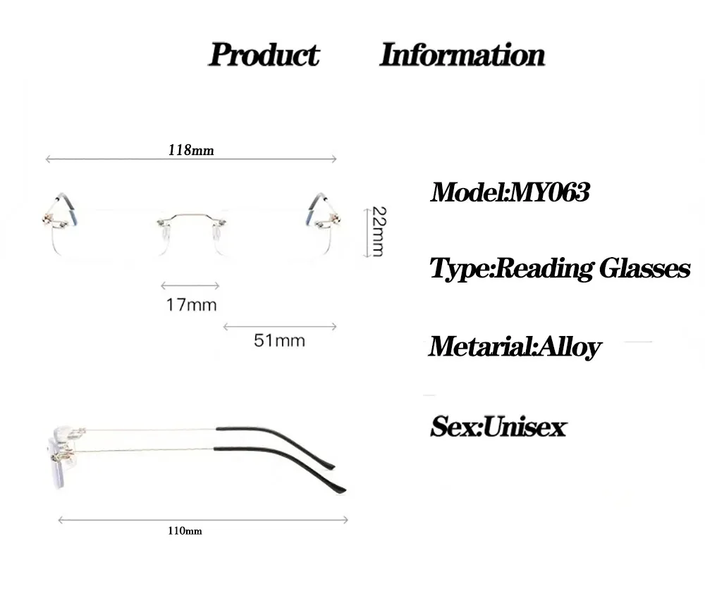 Anti-Blau Randlose Lesebrille Quadratische Metall Presbyopie Brillen Mit Fall Brillen männer Gläser Für Anblick Plus + 4 – Detail 1